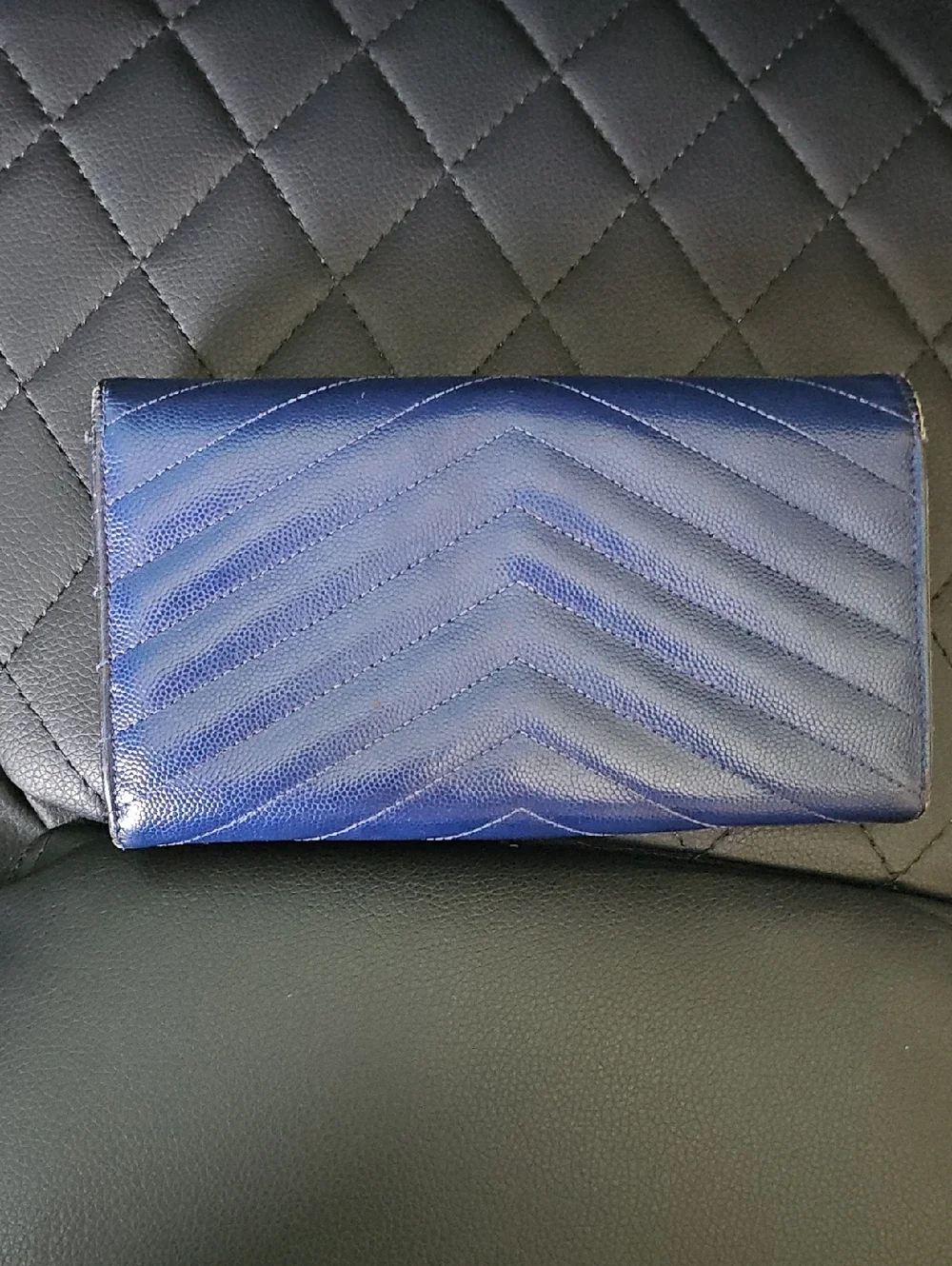 Saint Laurent Navy Quilted Leather Envelope Wallet with Gold YSL - Picture 2 of 10
